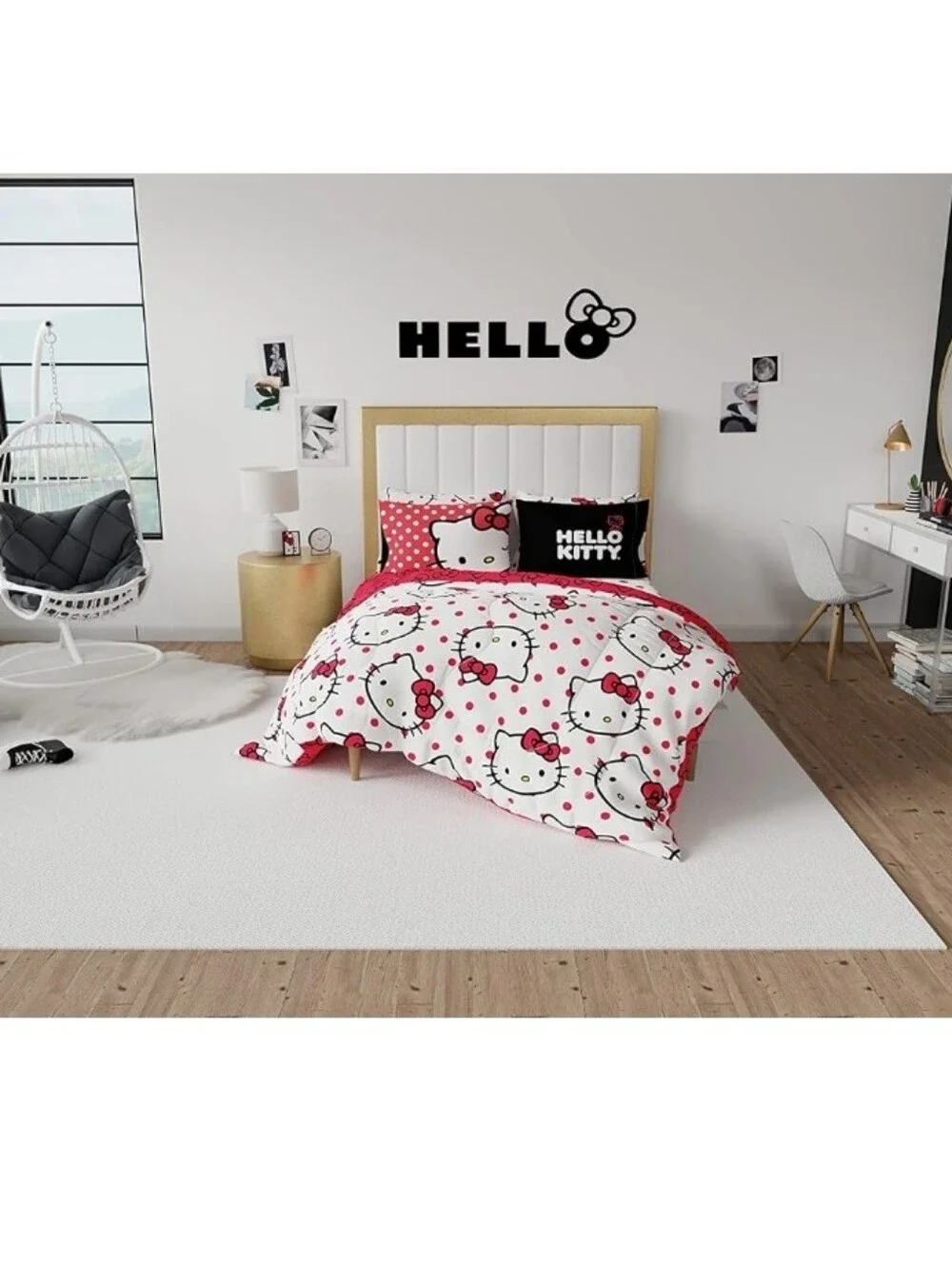Hello Kitty Polka Dot 7 Piece Super Soft Comforter and Sheet Set Full Reversible